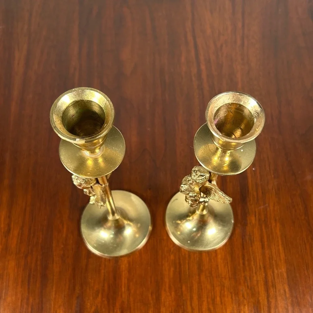 Brass Cherub Angel Candlestick Holders MCM Art Victorian Romantic India Gold TWO
